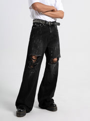 Hearujoy [Distressed Men's Street Jeans Designs] Men's Jeans With Distressed Designs On The Street, Men's Ins Street Dance Skateboard, Loose Straight Leg Casual Denim Pants