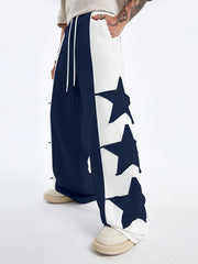 Hearujoy Star Pattern Contrast Trousers, High Street Style Casual Loose Sports Pants with Stitching Detail, Machine Washable Polyester, Daily, Polyester