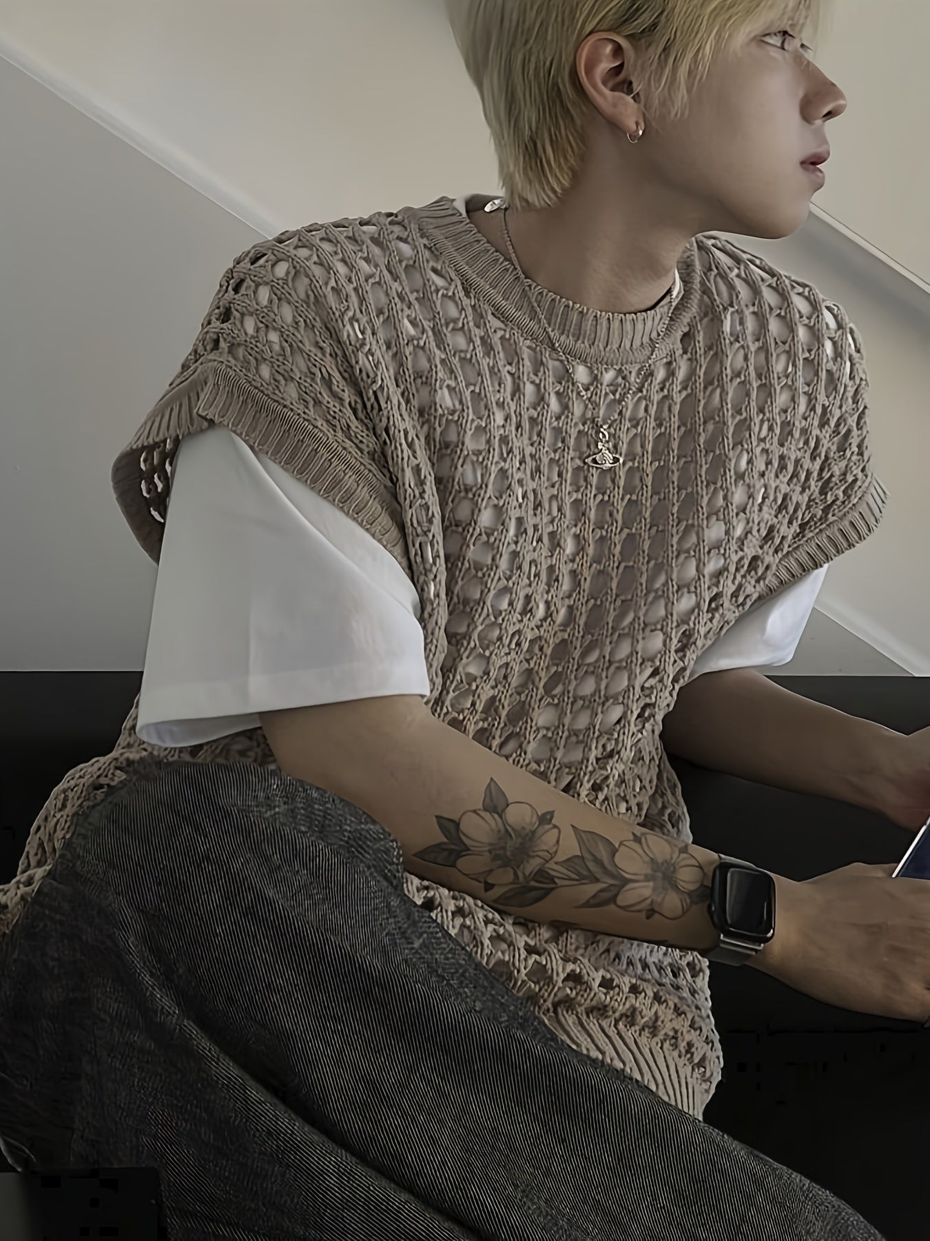 Hearujoy Solid Color Viscose Tank Top - Men's Fashion Hollow-Out Crew Neck Sleeveless Knit Vest for Casual, Outdoor, Streetwear - Spring/Summer/Fall Season