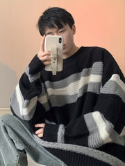 Hearujoy 1pc Korean Style Cozy Fleece-Lined Crew Neck Sweater for Men - Casual Polyester Striped Pullover with Contrasting Colors, Loose Fit, Thermal Insulation, Knitted Fabric, Adult - Fall/Winter Essential