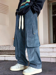 Hearujoy Men's Loose Solid Corduroy Pants With Multi Pockets, Casual Drawstring Trousers For Outdoor Activities Gift