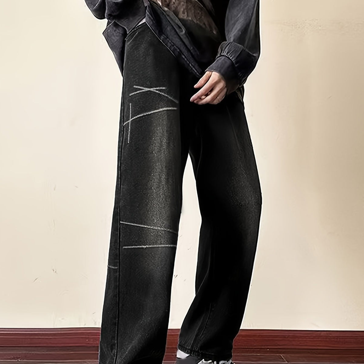 Hearujoy Men'S Street Style Fashion Loose Wide Leg Pants, Viscose Blend (70% Viscose, 30% Polyester), Solid Color, All-Season Knit Fabric, Mid Waist with Zipper Fly, Regular Length, Casual Weekend Wear