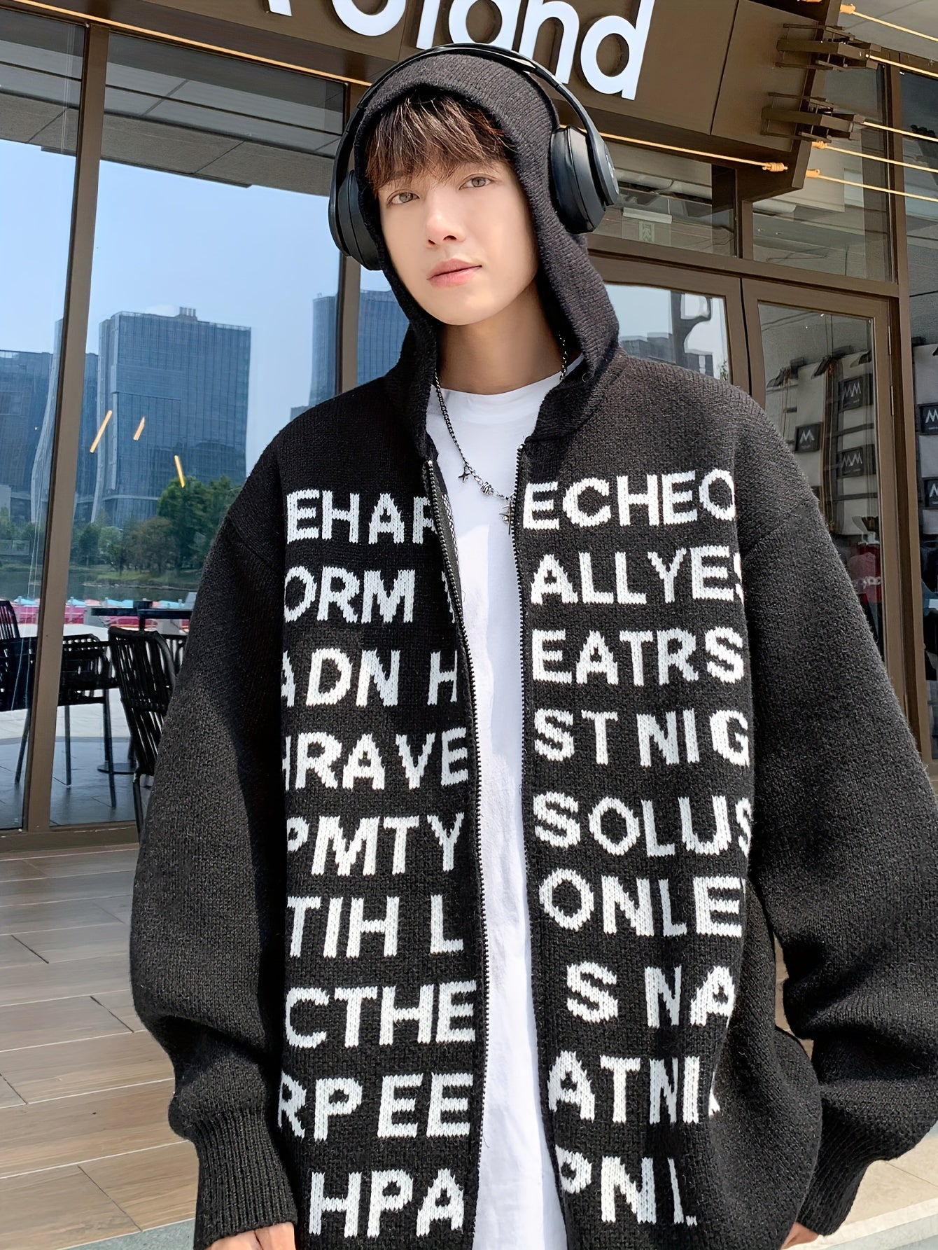 1pc Men'S Casual Knit Hooded Cardigan with Letter Print - Medium Stretch Fabric, Loose Fit, Zippered Hood - Alphabet Pattern, Adult Fall/Winter Essential Sweatshirt