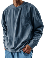 Hearujoy Oversized Loose Long sleeve T-shirt For Men 2025 Spring Fashion Vintage Top Tee Solid Casual Chest Pocket Tshirts streetwear