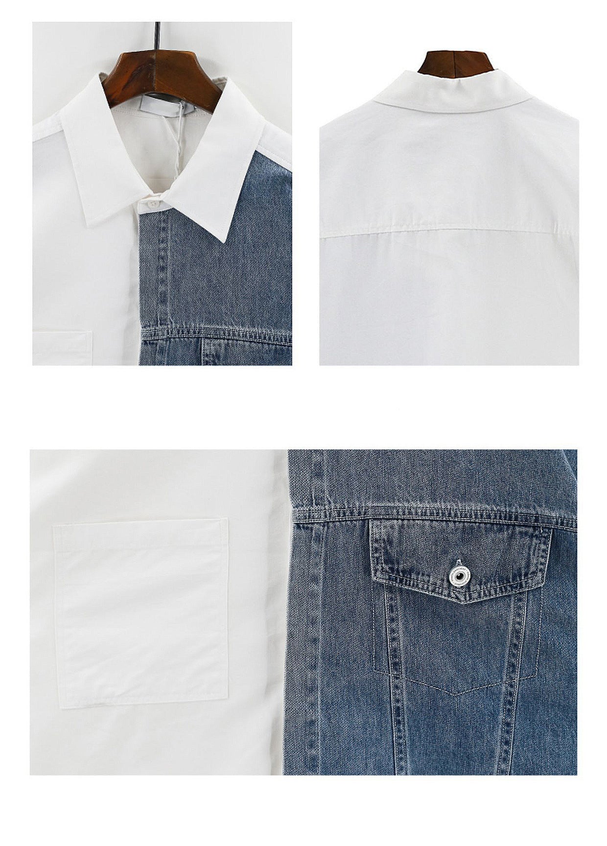 Hearujoy Denim Patchwork White Shirt Men Lapel Long Sleeve Button Loose Tops Spring Autumn Fashion Vintage Shirts Streetwear Male