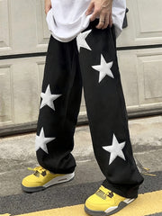 Hearujoy Men's Casual Loose Fit Drawstring Pants With Star Pattern Embroidered Design, Lightweight Comfy Pants For Sport And Casual Wear