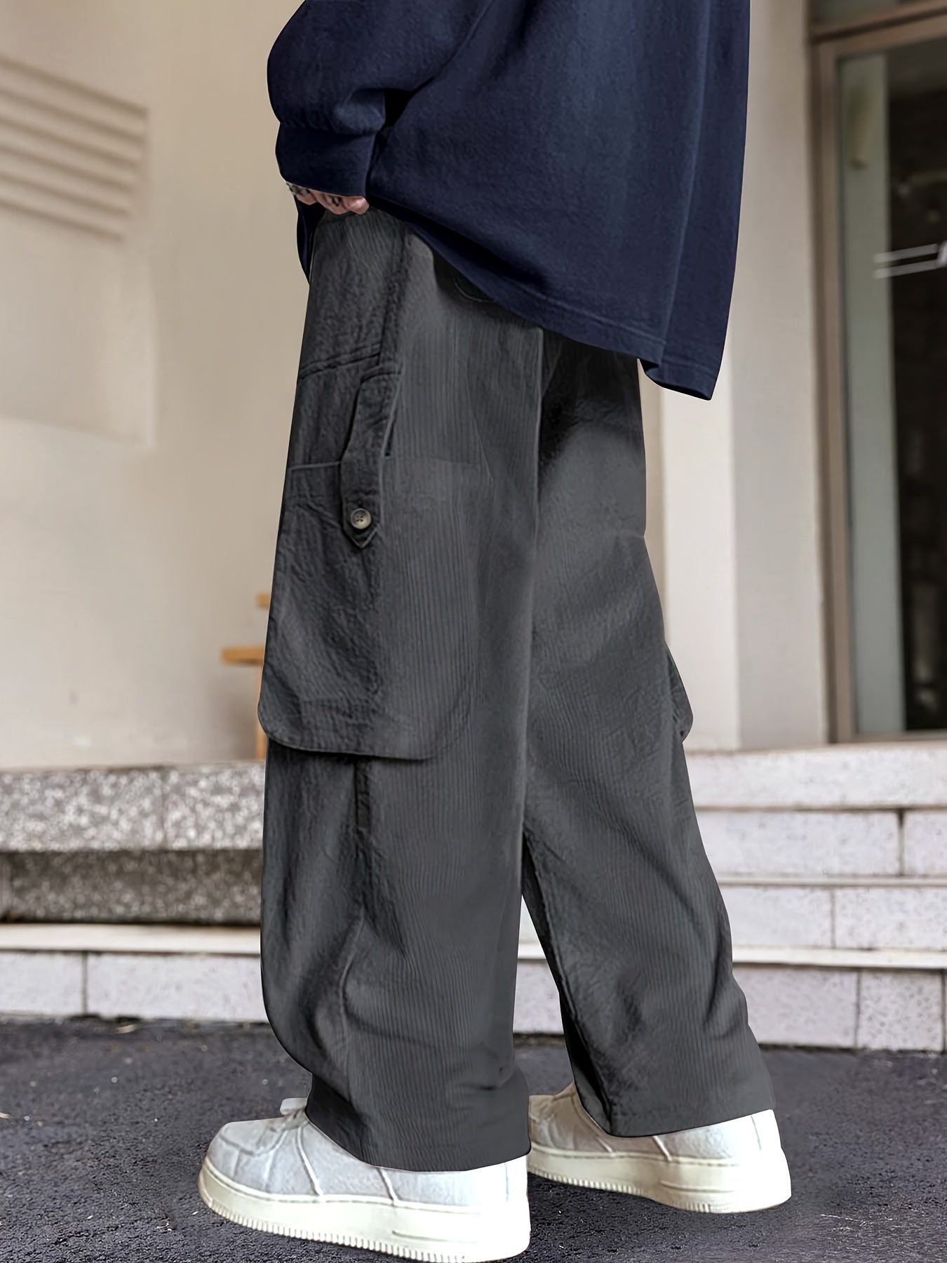 Hearujoy Men's Loose Solid Corduroy Pants With Multi Pockets, Casual Drawstring Trousers For Outdoor Activities Gift