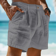 Hearujoy Summer Men Cotton Linen Shorts Solid Color Button Elastic Waist Beach Shorts Lightweight Gym Pants Comfort Breath Holiday Shorts