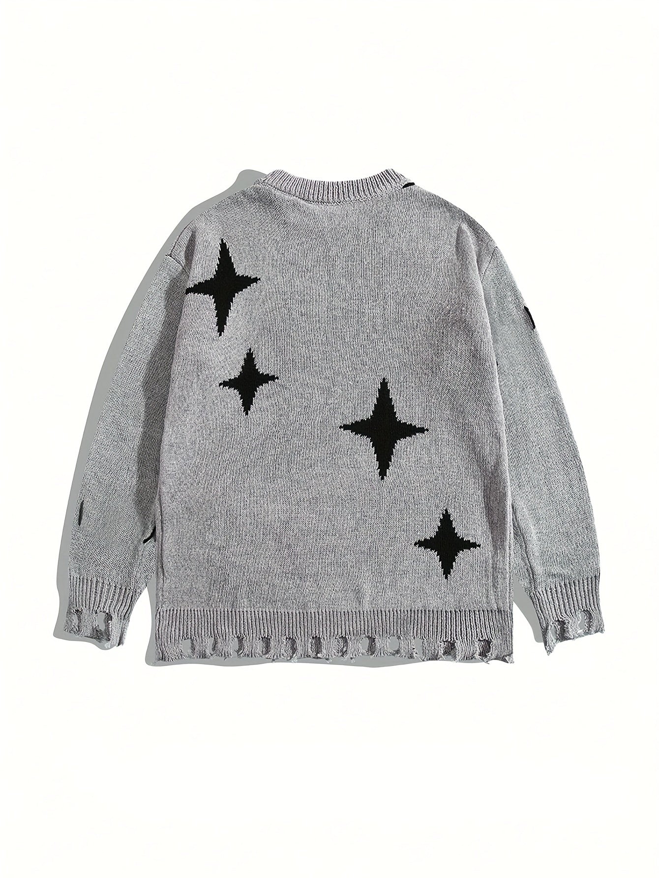 Hearujoy 1pc Unisex Street Style Knit Sweater, Spider and Stars Embroidery, Frayed Tassel Long Sleeve Crew Neck Pullover, Casual Loose Fit Sweater with Hand-Tied Design for Fall/Winter