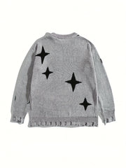 Hearujoy 1pc Unisex Street Style Knit Sweater, Spider and Stars Embroidery, Frayed Tassel Long Sleeve Crew Neck Pullover, Casual Loose Fit Sweater with Hand-Tied Design for Fall/Winter