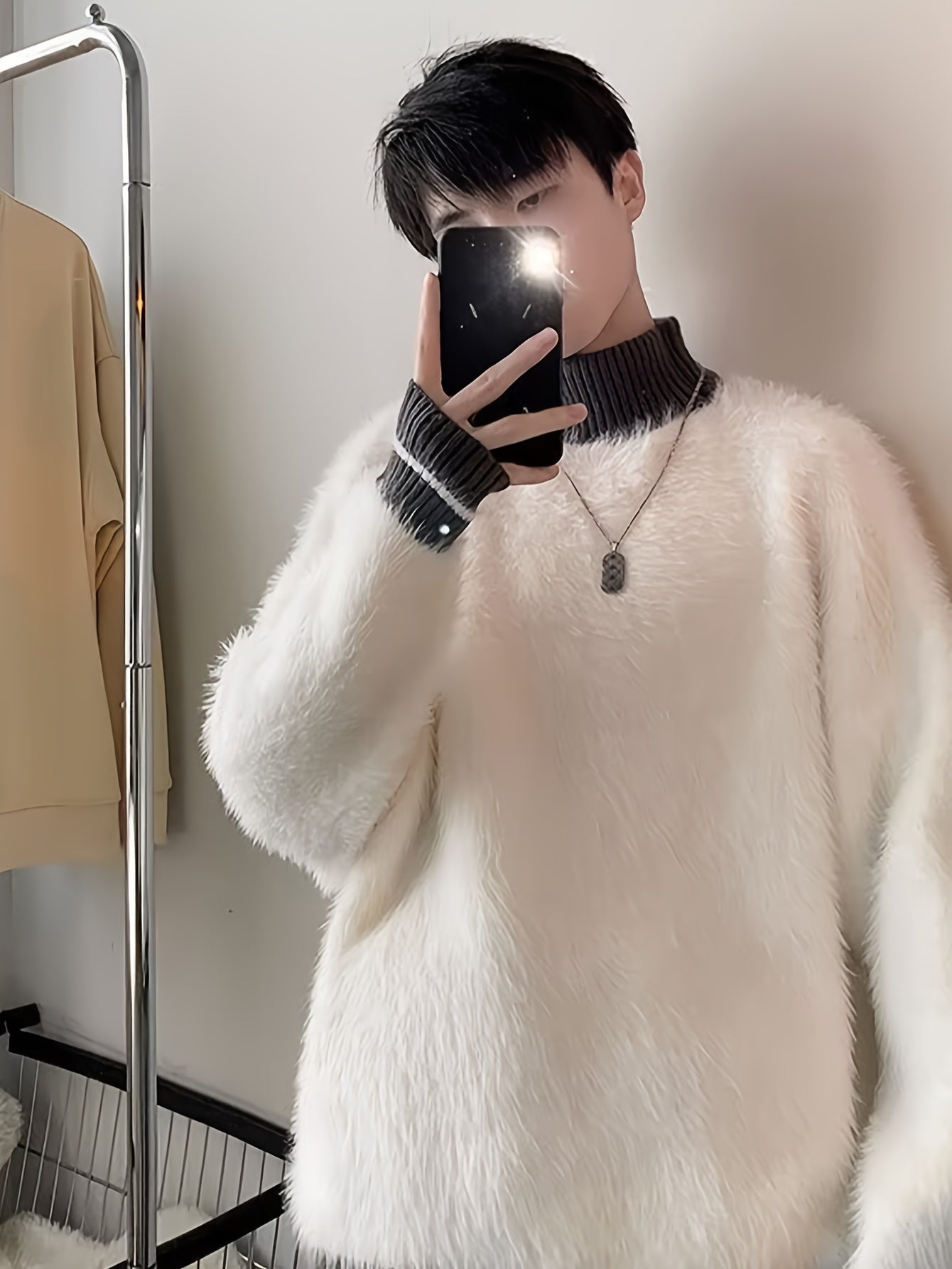 Hearujoy Men'S Casual High Neck Striped Mink Fur Sweater, Polyester Knit Fabric, Loose Fit Pullover, with Contrast Collar, for Fall/Winter