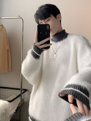 Hearujoy Men'S Casual High Neck Striped Mink Fur Sweater, Polyester Knit Fabric, Loose Fit Pullover, with Contrast Collar, for Fall/Winter