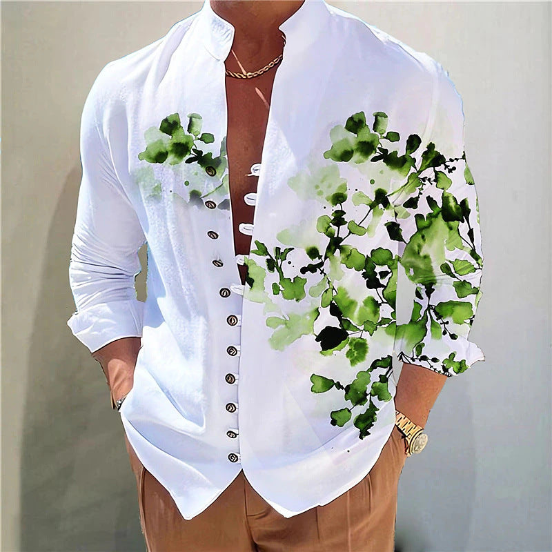 Hearujoy Vintage 3D Print Shirt Mens Long Sleeve Stand Collar Loose Casual Top Streetwear Spring Autumn Fashion Retro Shirts For Men