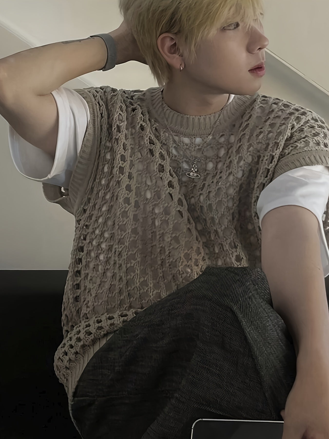 Hearujoy Solid Color Viscose Tank Top - Men's Fashion Hollow-Out Crew Neck Sleeveless Knit Vest for Casual, Outdoor, Streetwear - Spring/Summer/Fall Season