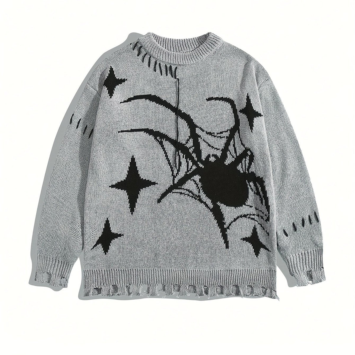 Hearujoy 1pc Unisex Street Style Knit Sweater, Spider and Stars Embroidery, Frayed Tassel Long Sleeve Crew Neck Pullover, Casual Loose Fit Sweater with Hand-Tied Design for Fall/Winter