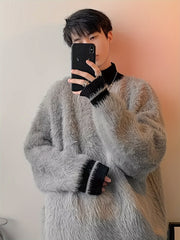 Hearujoy Men'S Casual High Neck Striped Mink Fur Sweater, Polyester Knit Fabric, Loose Fit Pullover, with Contrast Collar, for Fall/Winter