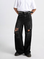 Hearujoy [Distressed Men's Street Jeans Designs] Men's Jeans With Distressed Designs On The Street, Men's Ins Street Dance Skateboard, Loose Straight Leg Casual Denim Pants