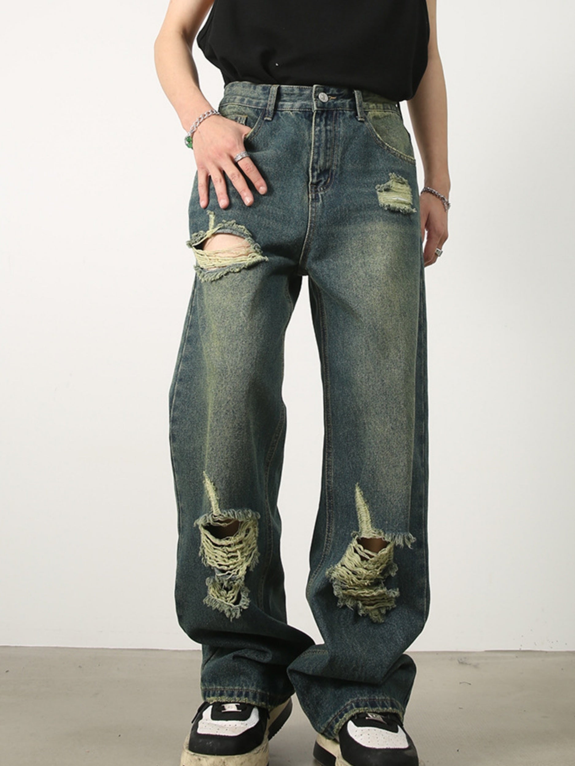 Hearujoy Men's Denim New Design Sense Street Dance Hip-hop Skateboard Hole Straight Leg Jeans Frosted Wide Leg Loose Casual Denim Pants