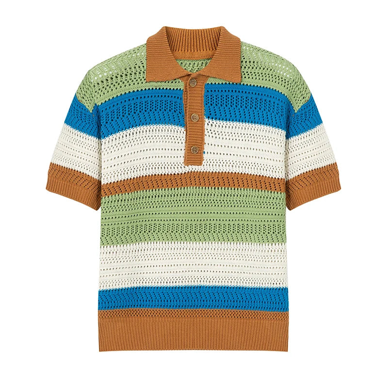 Hearujoy American Vintage Striped Knitted Polo Shirt For Men Fashion Contrast Color Hollow Out Kint Tops New Summer Short Sleeve Tshirs