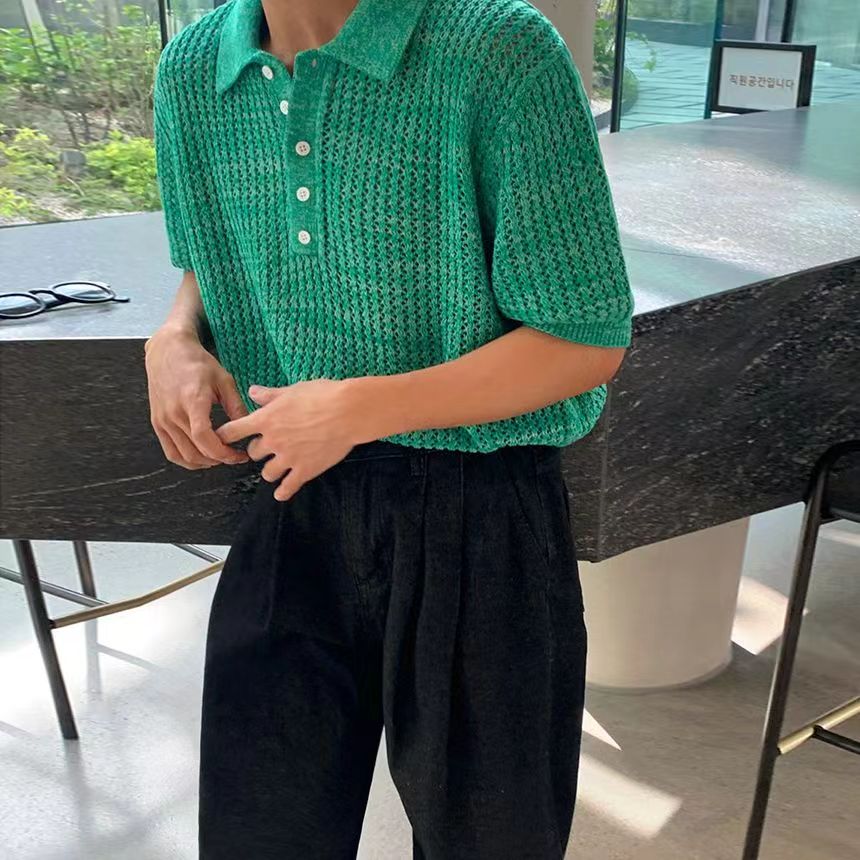 Hearujoy Summer Short Sleeved Knitted Polo Shirt Men Senior Korean Slim Fit Top Fashion Casual  hollow out Kint Tshirts High Quality