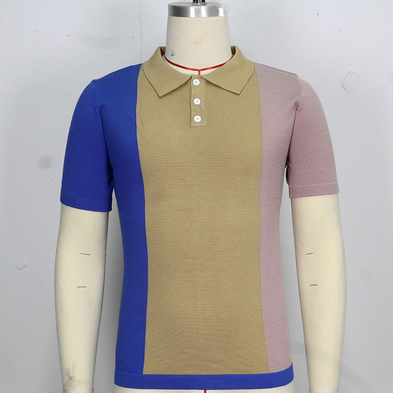 Hearujoy 2025 Summer New Mens contrast color Polo Shirts Knitwear Fashion Patchwork Knit Tops Short Sleeve Button Lapel Polo Tee Tshirt
