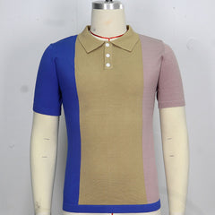 Hearujoy 2025 Summer New Mens contrast color Polo Shirts Knitwear Fashion Patchwork Knit Tops Short Sleeve Button Lapel Polo Tee Tshirt