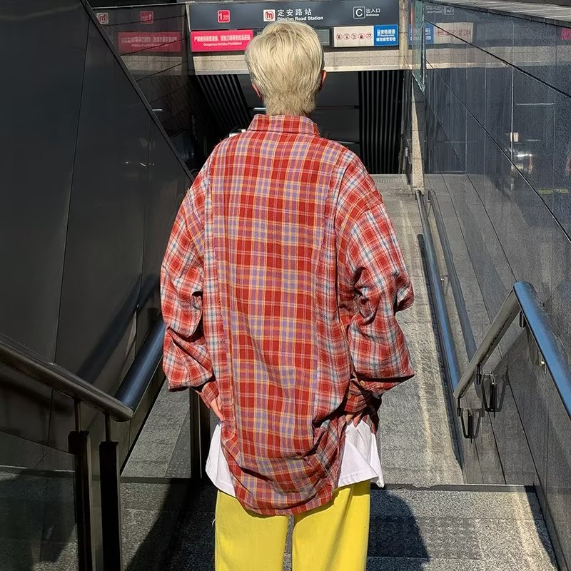 Hearujoy American Vintage Streetwear For Men Plaid Shirt Loose Casual Long Sleeve Buckle Top Autumn Fashion Trend Couple Shirts Clothing