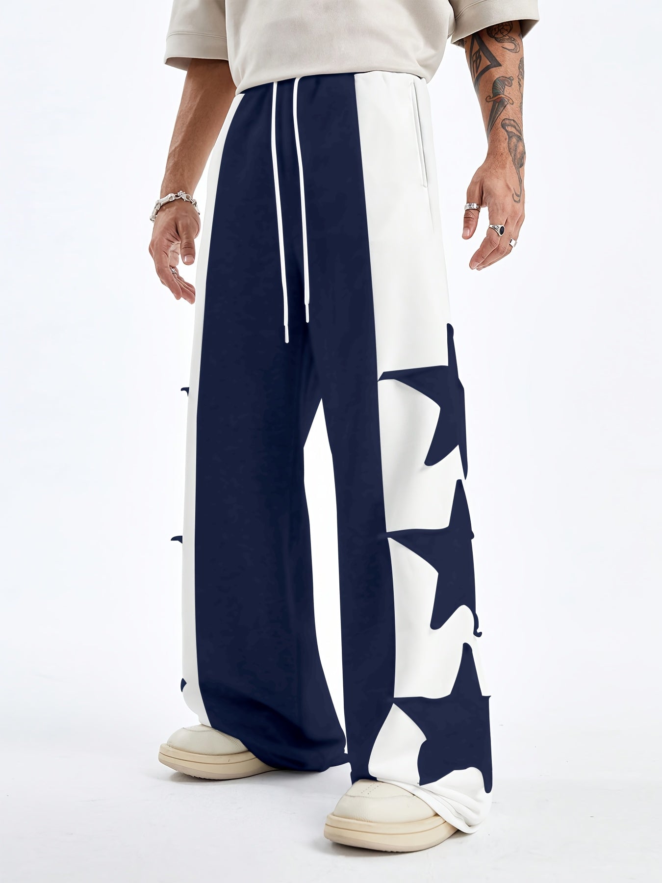 Hearujoy Star Pattern Contrast Trousers, High Street Style Casual Loose Sports Pants with Stitching Detail, Machine Washable Polyester, Daily, Polyester