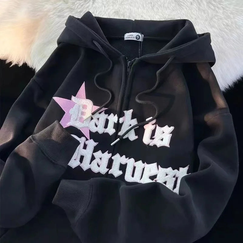 Hearujoy  90s Streetwear 2024 New Kawaii Zip Up Hoodie Women Y2K Oversized Harajuku Star Patchwork Sweatshirt Man Anime Hoodie Jacket Coat Streetwear