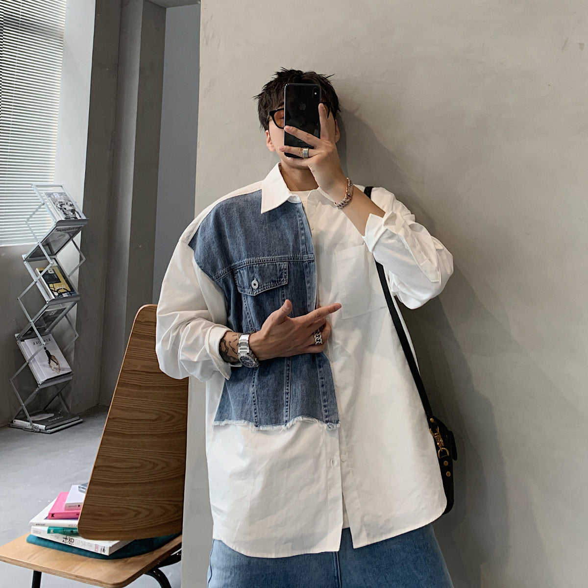Hearujoy Denim Patchwork White Shirt Men Lapel Long Sleeve Button Loose Tops Spring Autumn Fashion Vintage Shirts Streetwear Male