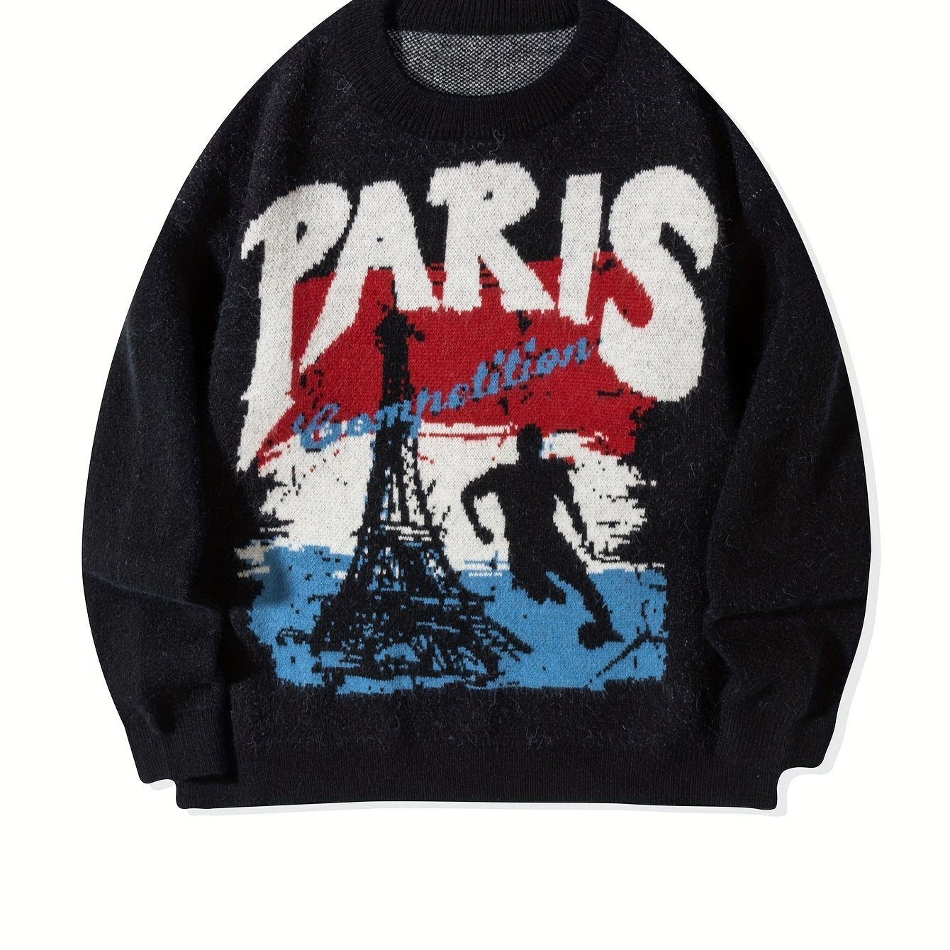 Hearujoy Unisex Casual Crew Neck Sweatshirt, Paris Eiffel Tower Graphic, Long Sleeve Knit Pullover, Fall/Winter Acrylic Blend (42%), Polyester (30%), Polyamide (28%) with Medium Stretch, Loose Fit