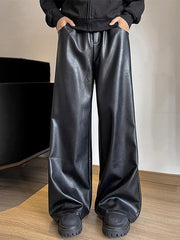 HEARUJOY  -  Men's Casual Straight Leg Pants with Buttoned Waist - Brown Shiny Fabric, Loose Fit for Streetwear, Hip-Hop Style, and Party Wear