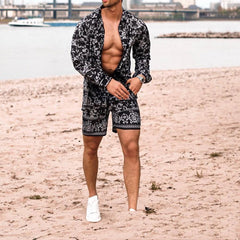 Hearujoy Summer Newest Men 2 Piece Suit Clothing Long-sleeved Printed Shirts Top With Casual Shorts Fashion Male  Beach Wear Loose Outfit