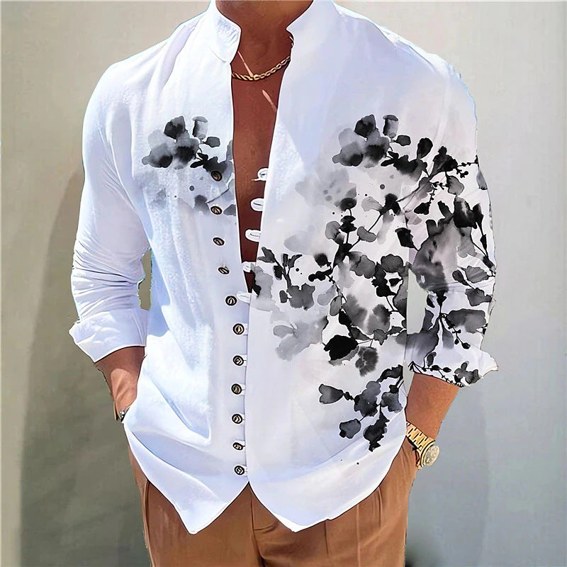 Hearujoy Vintage 3D Print Shirt Mens Long Sleeve Stand Collar Loose Casual Top Streetwear Spring Autumn Fashion Retro Shirts For Men