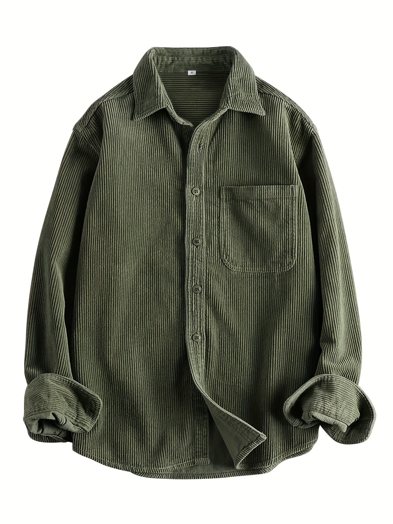HEARUJOY  -  Men's Casual Corduroy Long Sleeve Shirt - Solid Color, Button Detail, Single Breasted, Loose Fit - Polyester 100%, Non-Stretch Fabric, 270gsm, Acetate Lining, Lapel Collar, Woven Placket, Weeke