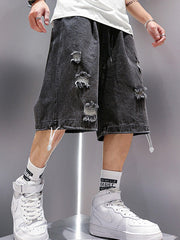 Hearujoy Black hip hop washed skate denim shorts in distressed look