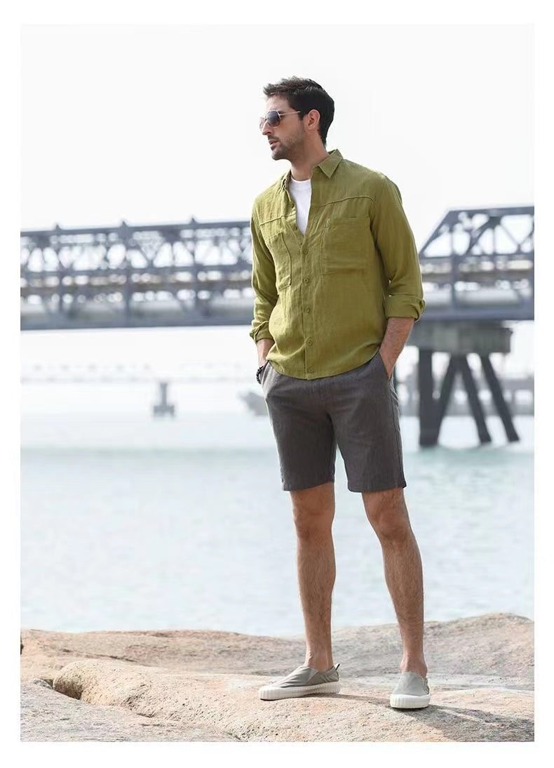 Hearujoy Vintage Linen Shirt For Men Double Pocket Workwear Long Sleeved Top Spring Autumn Leisure Loose Blouse Shirts Cotton Linen Male