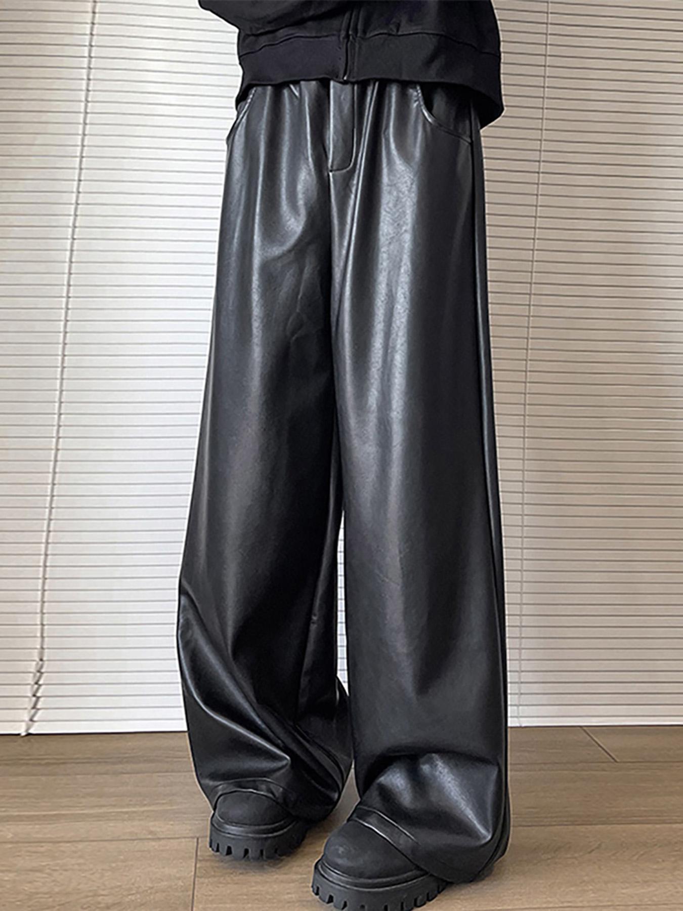 HEARUJOY  -  Men's Casual Straight Leg Pants with Buttoned Waist - Brown Shiny Fabric, Loose Fit for Streetwear, Hip-Hop Style, and Party Wear