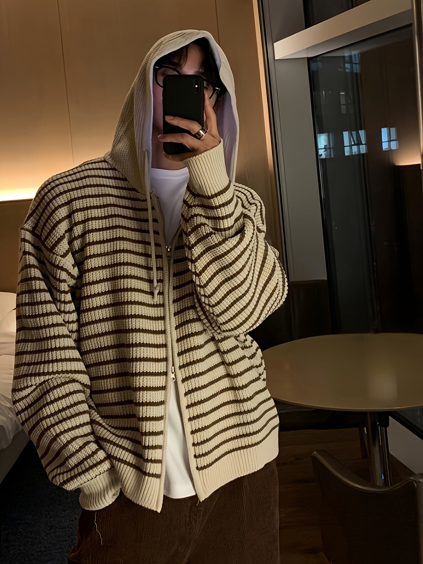 HEARUJOY  -  Men's Casual Striped Hooded Knit Cardigan - Soft Acrylic Zip-Up Sweater, Loose Fit for All Seasons, Black & White Vertical Stripes, Perfect for Commuting or Leisure Outings, Allseason Sweater | Zipup Cardigan | S
