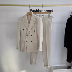 Hearujoy British Style Men's Corduroy Casual Double Breasted Suit And Naples Pant Two-piece Set Fashion Vintage Business Suits Outfits