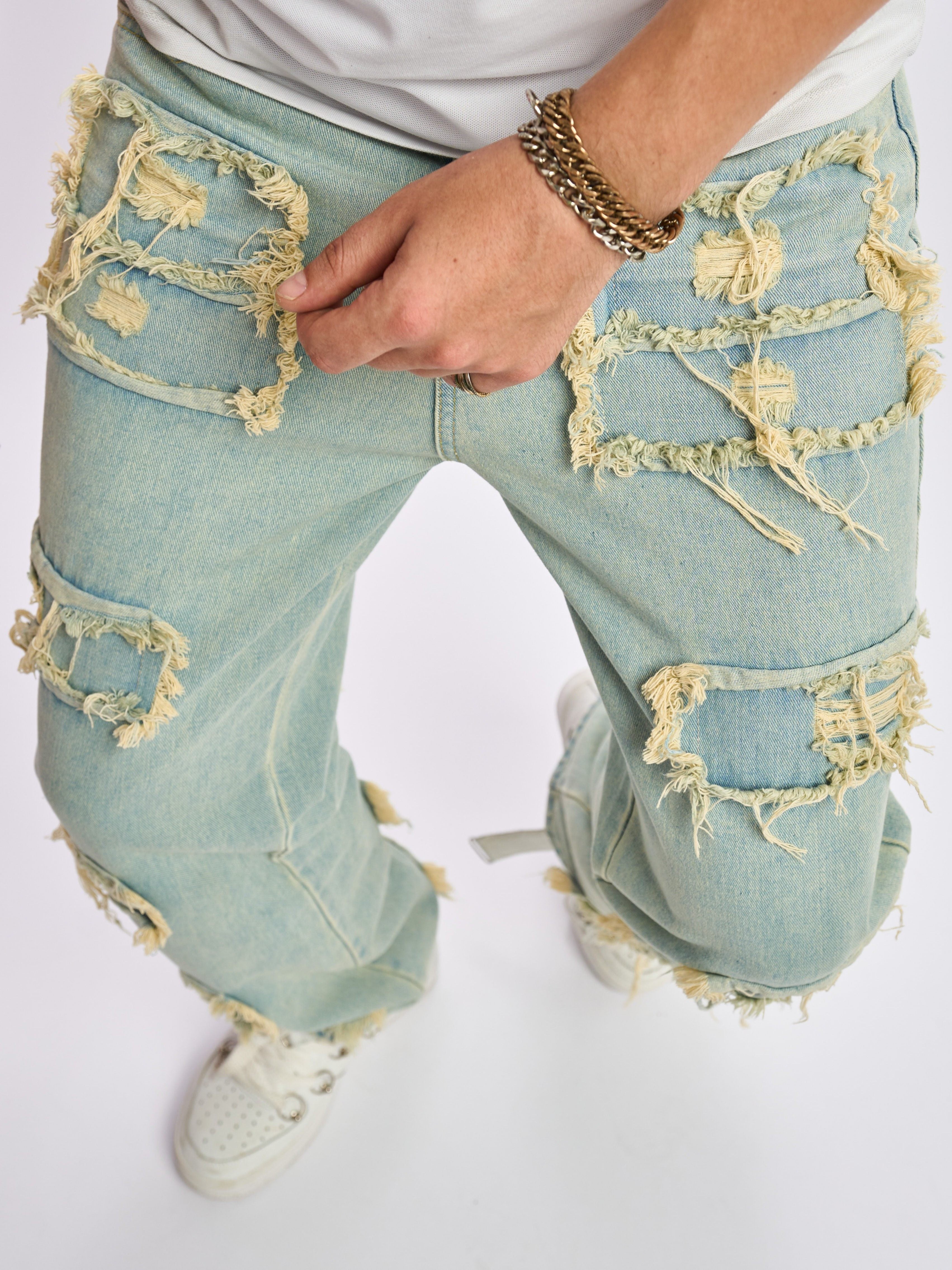 Hearujoy Solid Cotton Blend Frayed Wide Leg Jeans - Men's Stylish Street Style Bottoms