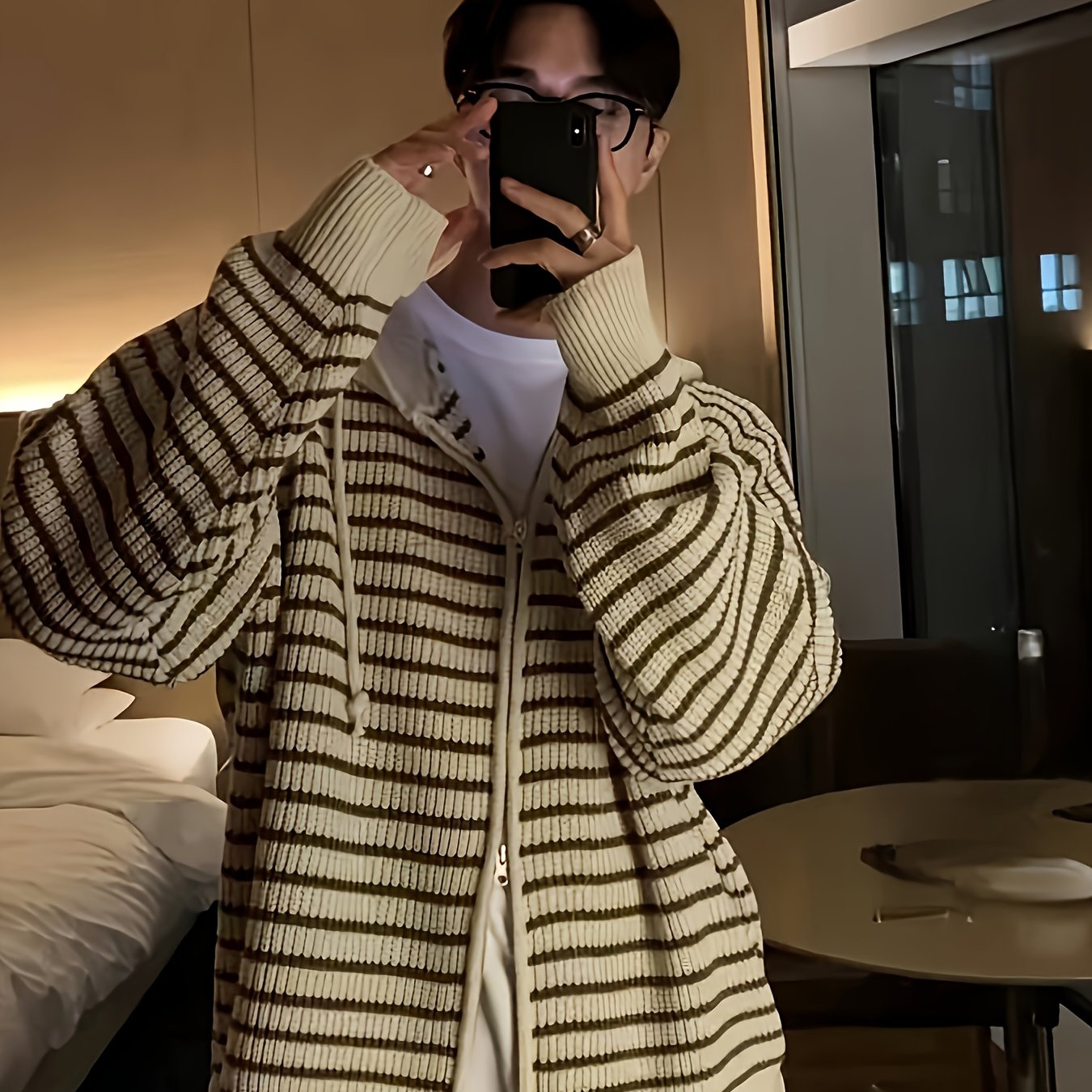 HEARUJOY  -  Men's Casual Striped Hooded Knit Cardigan - Soft Acrylic Zip-Up Sweater, Loose Fit for All Seasons, Black & White Vertical Stripes, Perfect for Commuting or Leisure Outings, Allseason Sweater | Zipup Cardigan | S