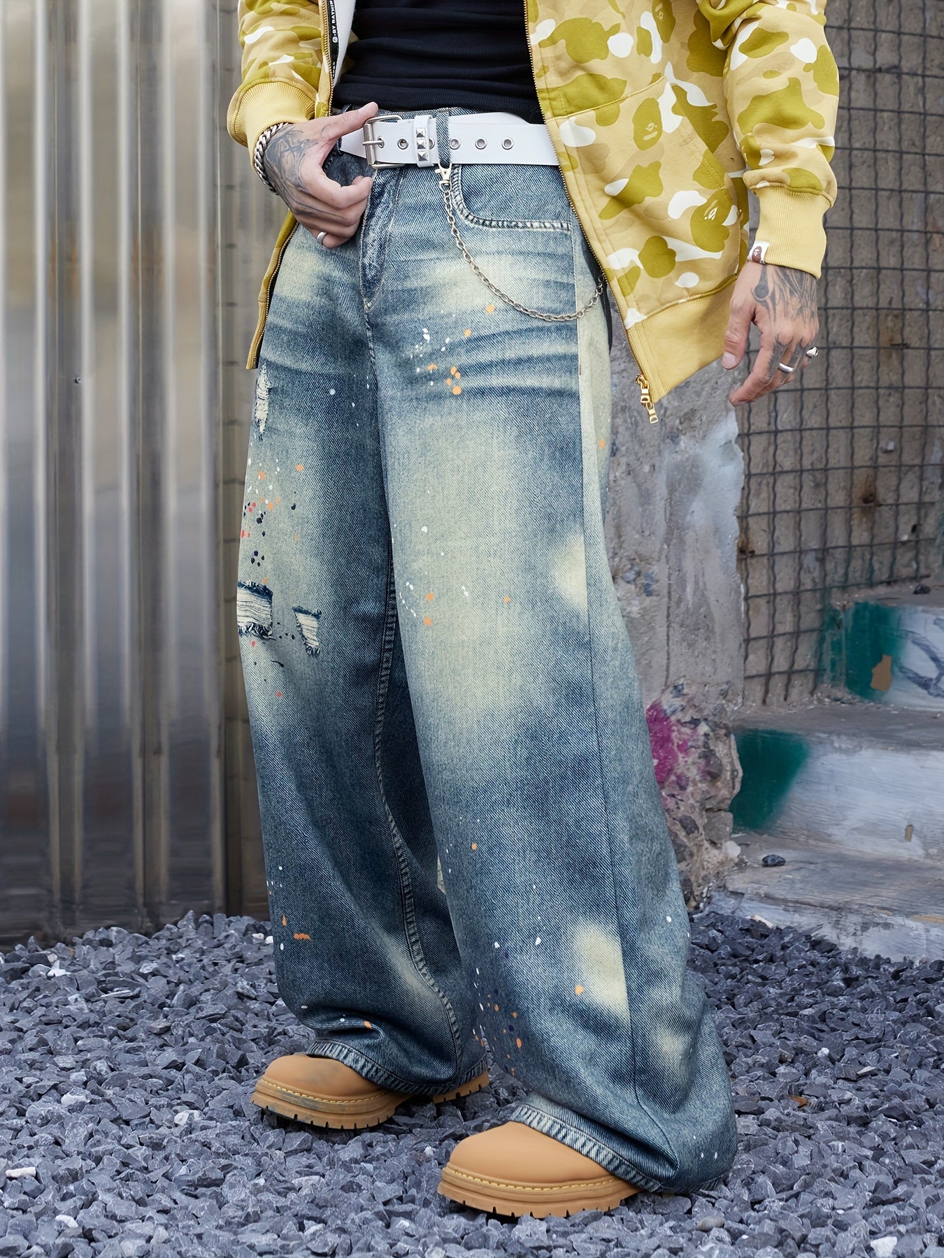 Hearujoy 1pc Unisex High-Waisted Geometric Print Faux Denim Pants - Polyester, Loose Fit, Non-Stretch, Pockets, Regular Length for Daily Leisure Wear