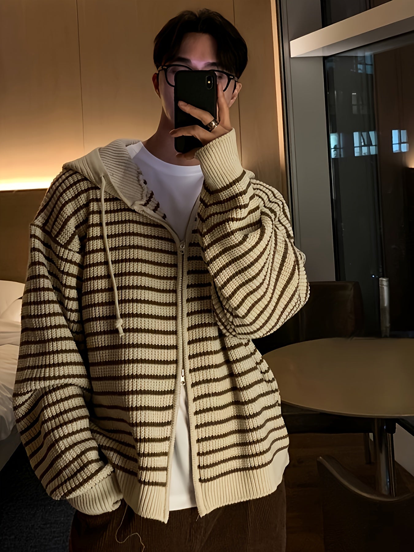 HEARUJOY  -  Men's Casual Striped Hooded Knit Cardigan - Soft Acrylic Zip-Up Sweater, Loose Fit for All Seasons, Black & White Vertical Stripes, Perfect for Commuting or Leisure Outings, Allseason Sweater | Zipup Cardigan | S