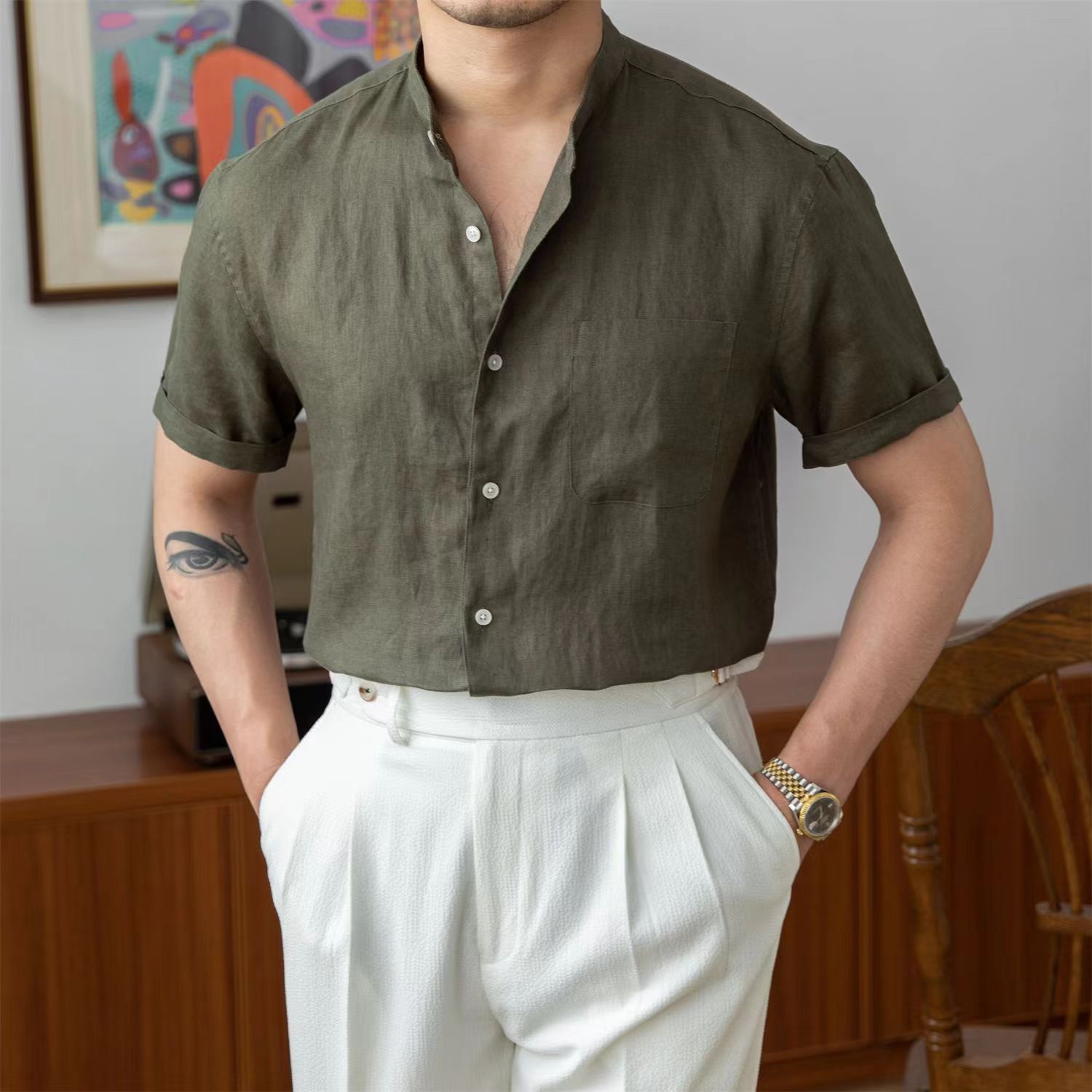 Hearujoy Vintage  Linen Shirt For Men Summer Thin Breathable Short sleeved Tops Light Luxury Casual Loose Stand Collar Blouse Streetwear