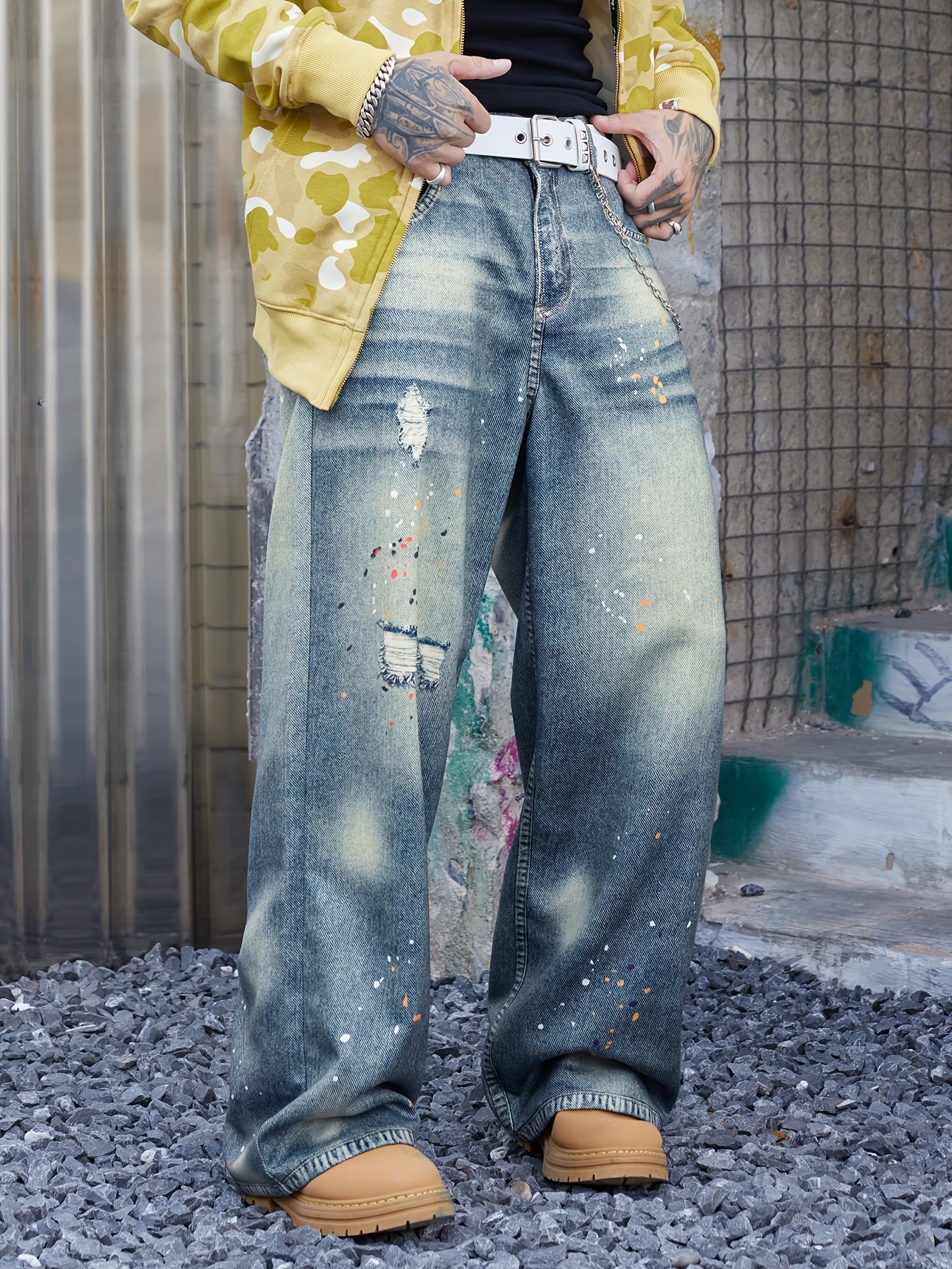 Hearujoy 1pc Unisex High-Waisted Geometric Print Faux Denim Pants - Polyester, Loose Fit, Non-Stretch, Pockets, Regular Length for Daily Leisure Wear