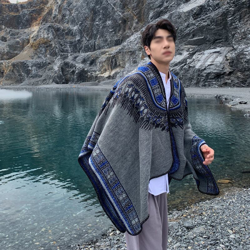 Hearujoy Ethnic Style Slit Thick Shawl Men Travel Photography Warm Scarf Vintage Poncho Fashion Cape Outwear Cloak Streetwear Unisex