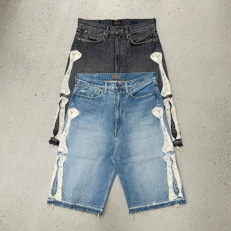 Hearujoy  90s Streetwear Y2K Street New Fashion Skeleton Embroidery Loose Shorts Men Retro Harajuku Pop Hip Hop Gothic High Waist Sports Denim Shorts