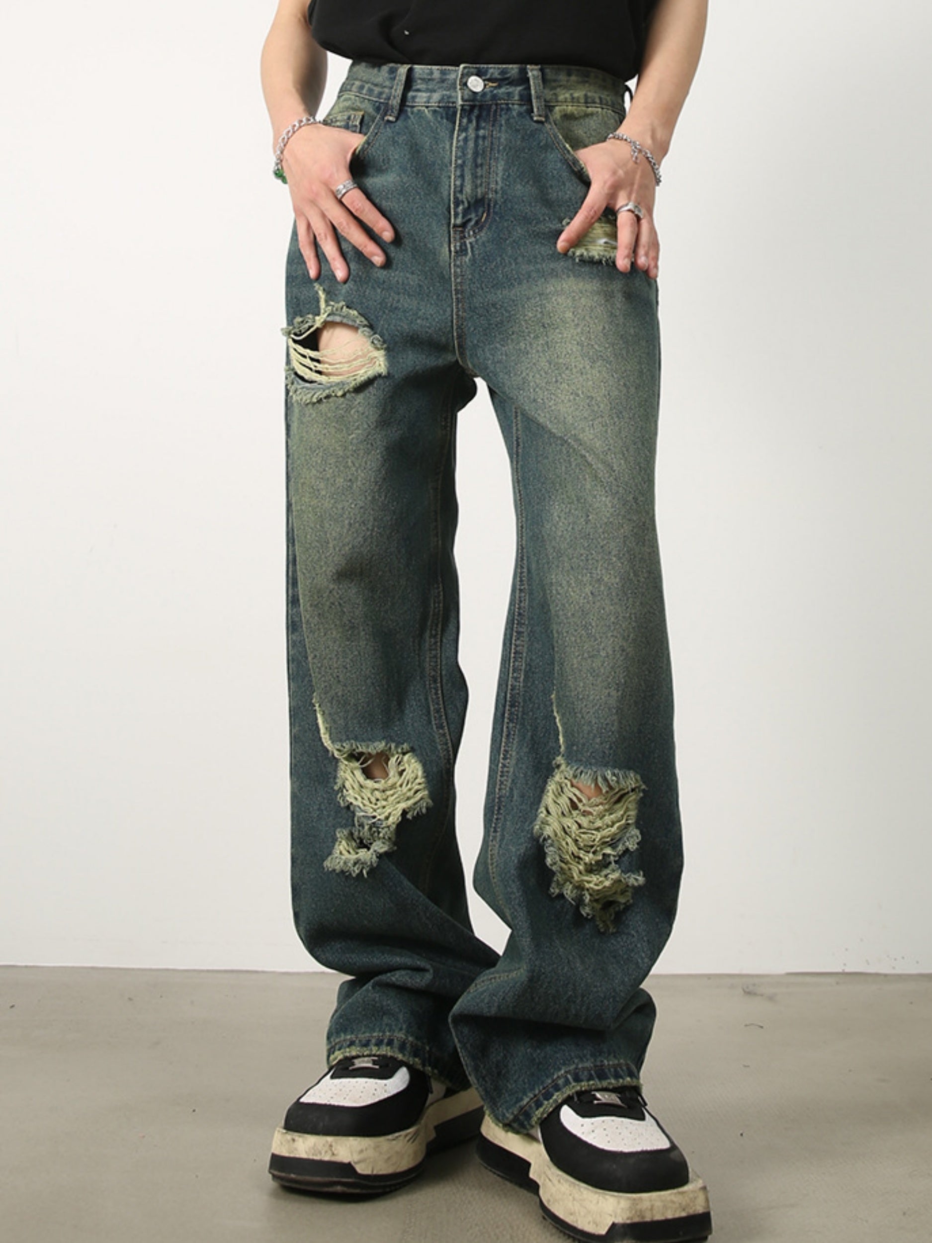 Hearujoy Men's Denim New Design Sense Street Dance Hip-hop Skateboard Hole Straight Leg Jeans Frosted Wide Leg Loose Casual Denim Pants