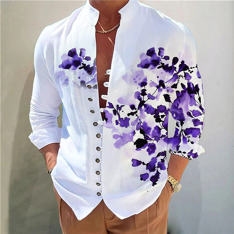 Hearujoy Vintage 3D Print Shirt Mens Long Sleeve Stand Collar Loose Casual Top Streetwear Spring Autumn Fashion Retro Shirts For Men
